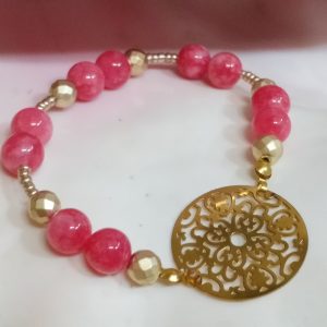 Pulsera Agatas lisas color Sandía y Hematita dorada